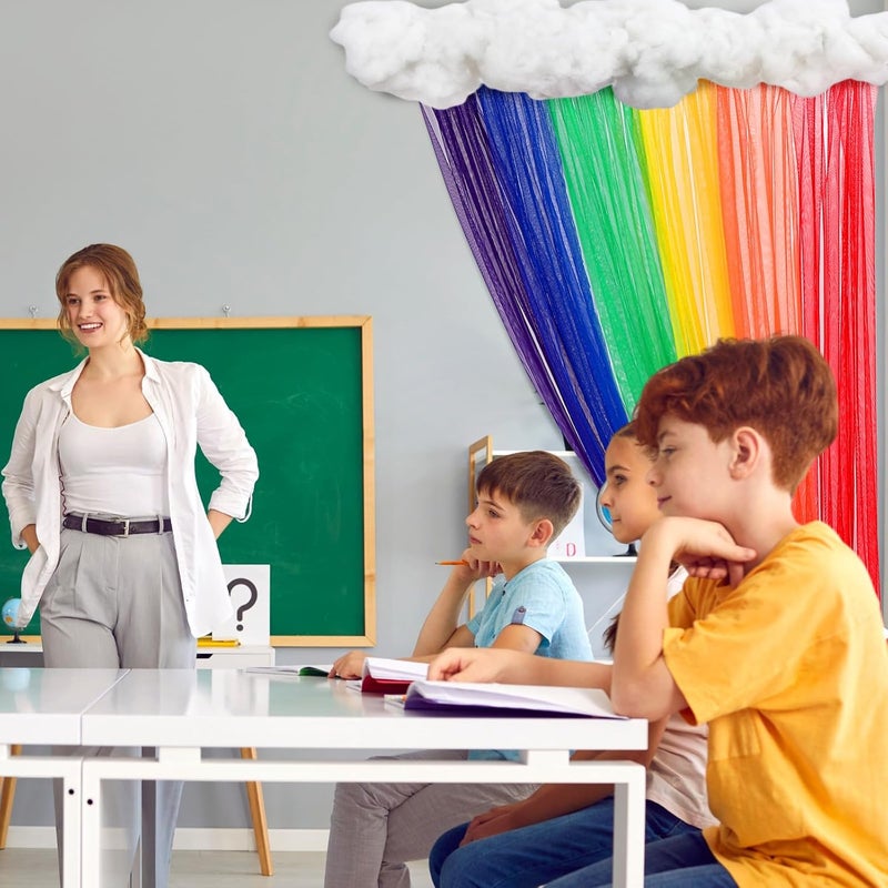 Threlaco 8 Pcs 20 x 91 Inch Rainbow Classroom Wall Decor Sheer Curtains with Clouds School Back to Classroom Preschool Decorations for First Day of School Wall Chalkboard Window Backdrop Props - Image 5